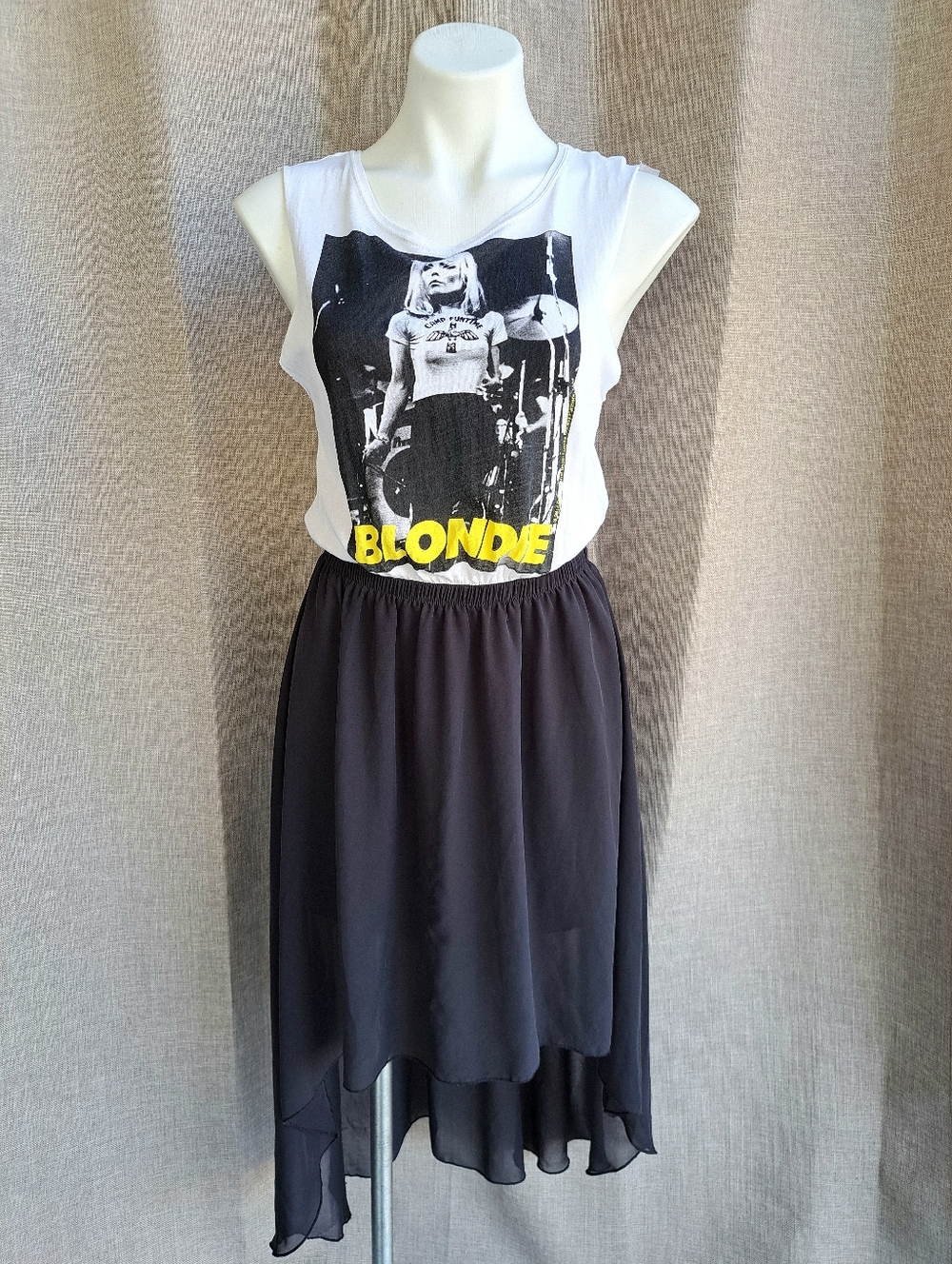 Blondie 80s Band Flowy Assymetrical T Shirt Dress Sheer Black Skirt Size S Punk